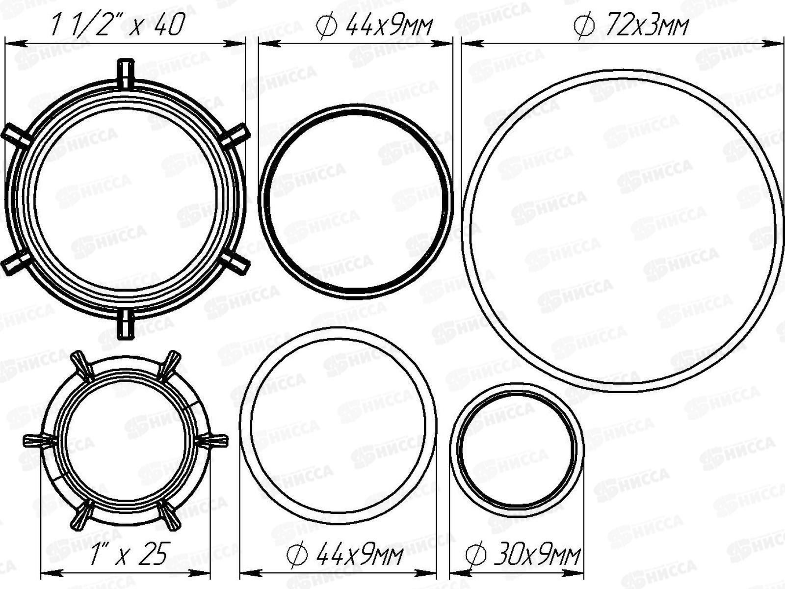 Ремонтный набор №2: прокладки конус 25 и 40мм, плоск.  прокладка б/с  гайки 1 1/2&quot и 1&quot, NM103-50-MR *50
