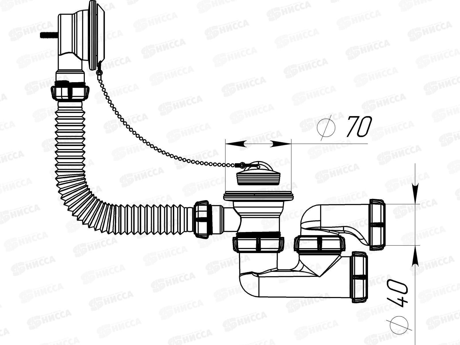 Сифон для ванны регулируемый 1 1/2&quotх40 с выпуском и переливом с пластиковой решеткой, PV210-35-MR *35