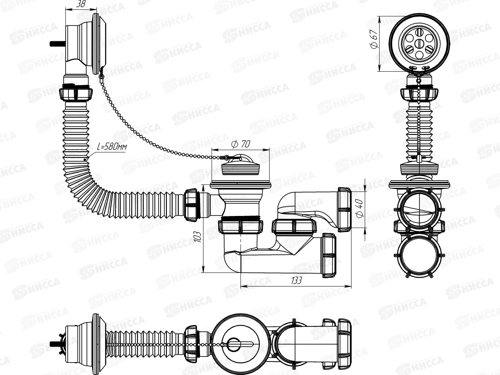 Сифон для ванны регулируемый 1 1/2&quotх40 с выпуском и переливом с пластиковой решеткой, PV210-35-MR *35