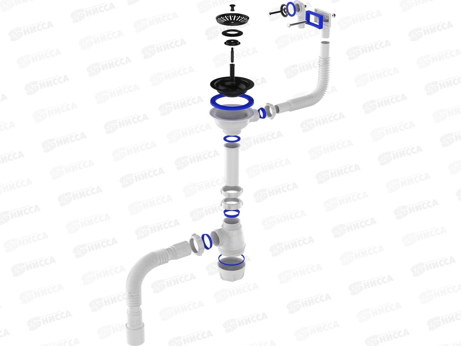 Сифон для мойки 3 1/2&quot х 40 с черной металлической решеткой с прямоугольным/круглым переливами с гибкой трубой 40х40/50,  B0188-20-MR  *20