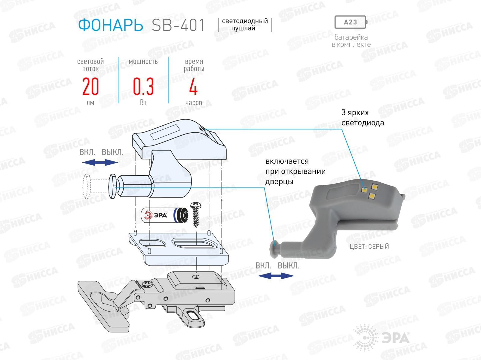 Фонарь ЭРА SB-401, Пушлайт, на петлю в шкаф   *12/48