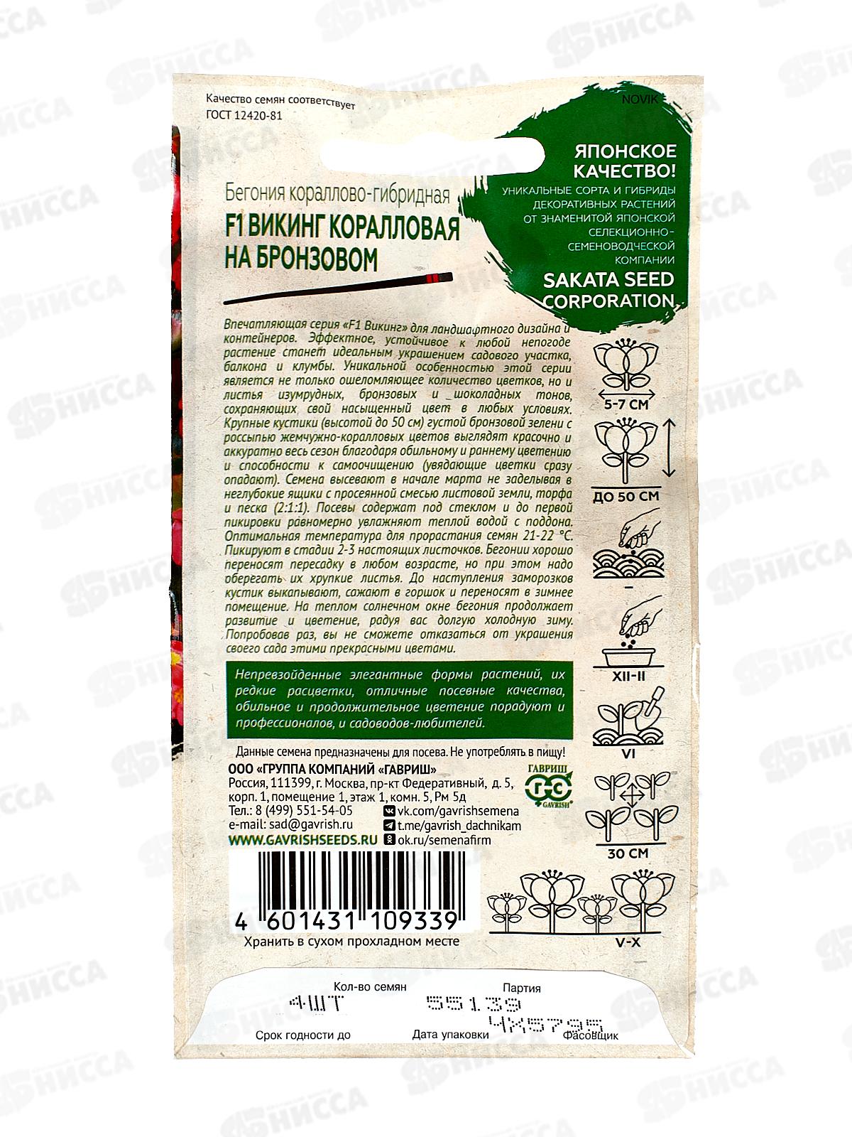 Бегония Викинг коралловая на бронзовом F1 гранул 4шт пробир *5 ГШ +