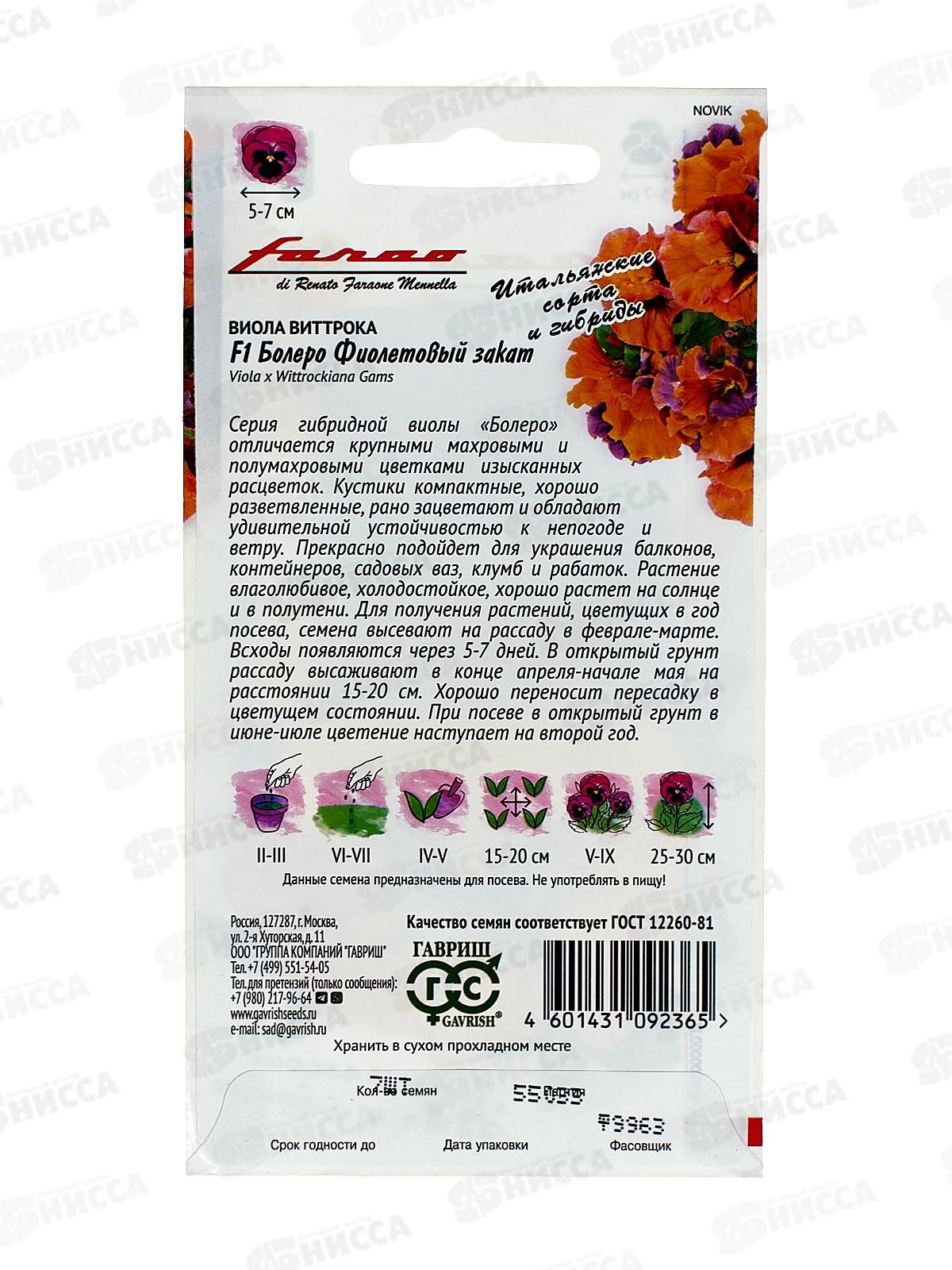 Виола Болеро Фиолетовый закат F1 Виттрока (Анютины глазки) 7шт *10 ГШ +