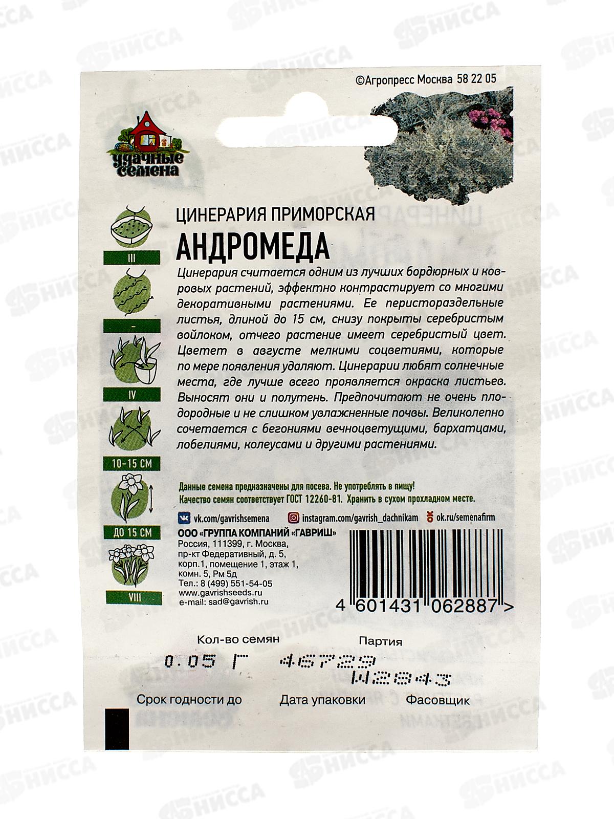 Цинерария Андромеда приморская 0,05г ХИТ хЗ  *10 ГШ +