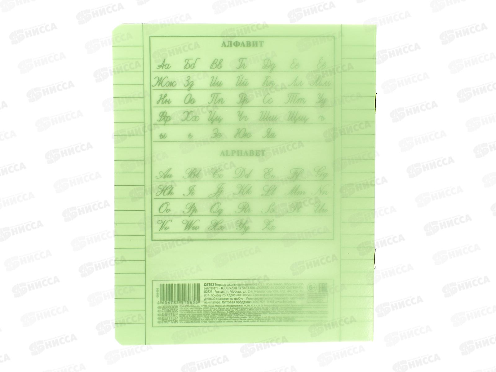 Тетрадь 12л лин. Hatber пластик.обл. скоба , зеленая 083408 *10/140