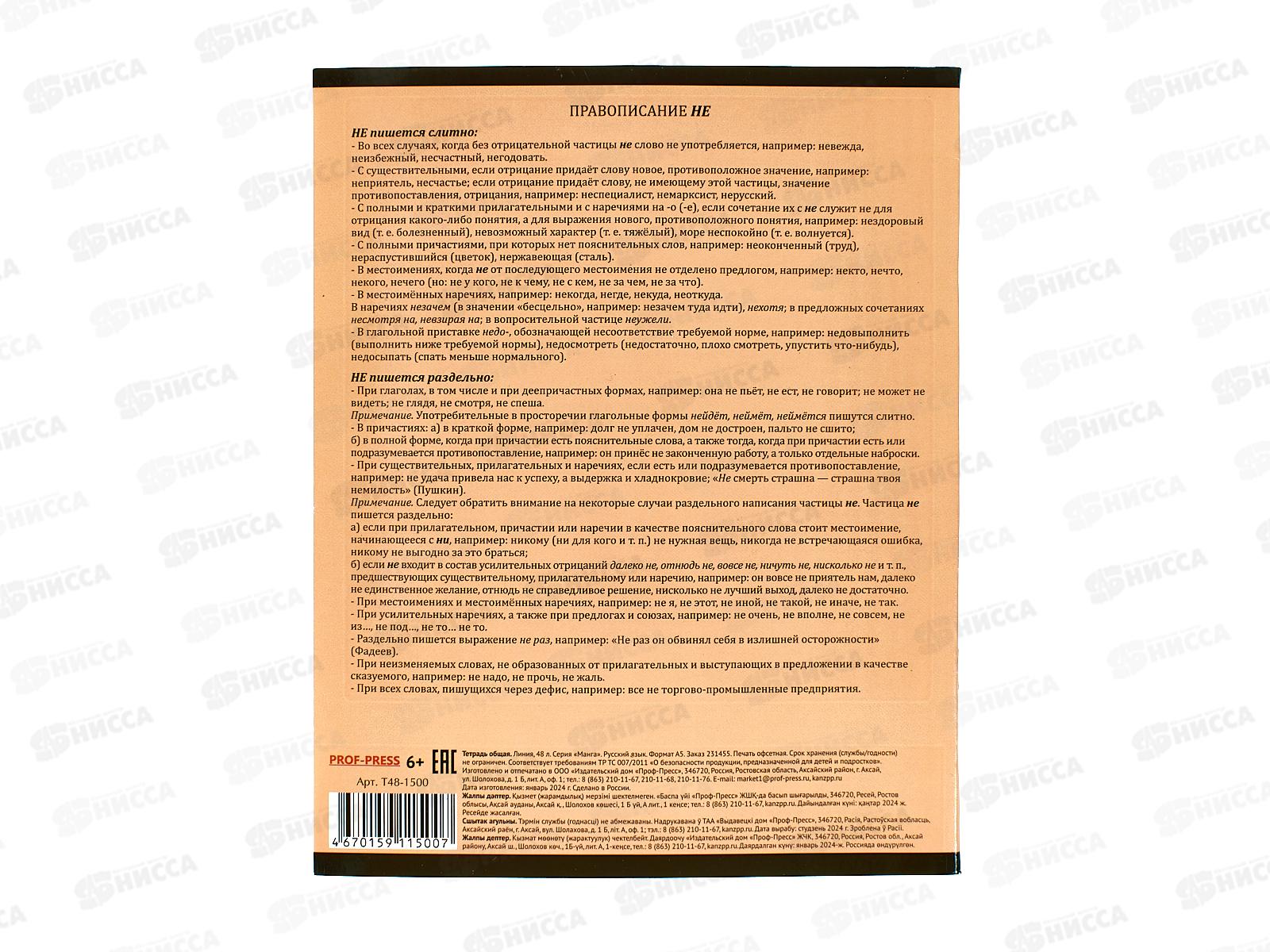 Тетрадь 48л лин. ПП &quotМАНГА&quot Русский язык, Т48-1500 *10/80