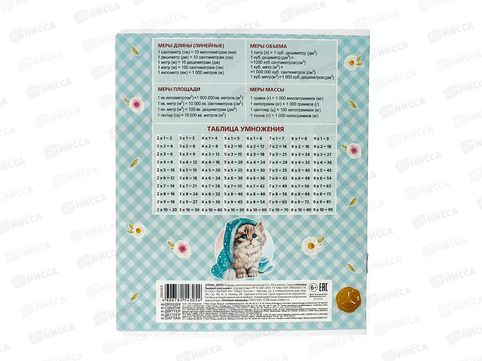 Тетрадь 12листов клетка Hatber Котики бывают разными 086069*10/140