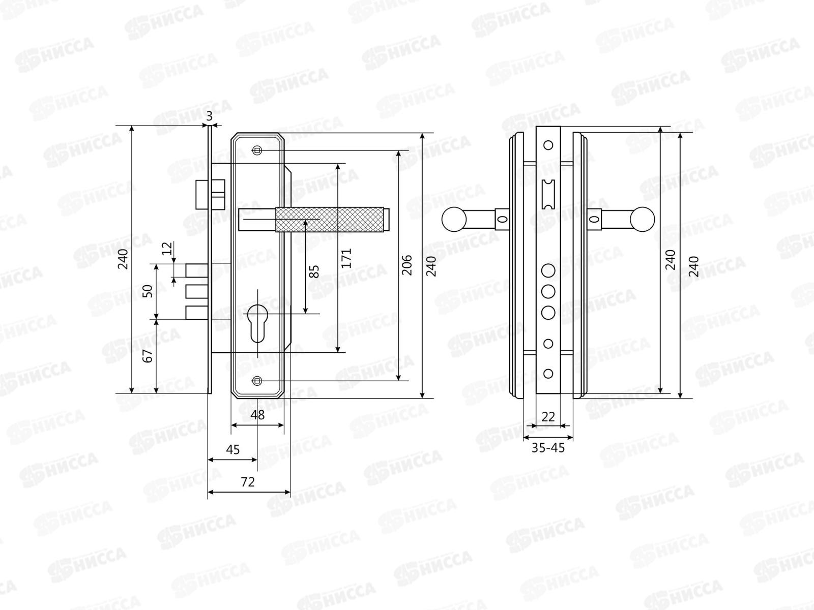 Замок врезной Булат ЗВ4-3.02.08 Ферона мат никель 5п кл с/руч 003 *12