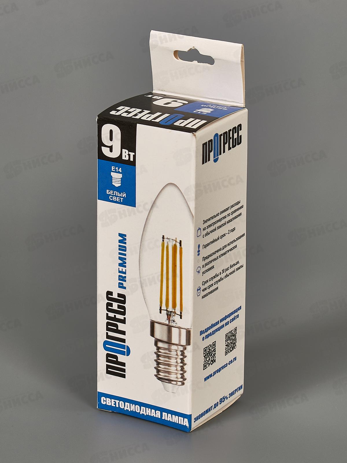 Лампа светодиодная Прогресс Premium  9Вт E14 С35F Свеча 4000К *100