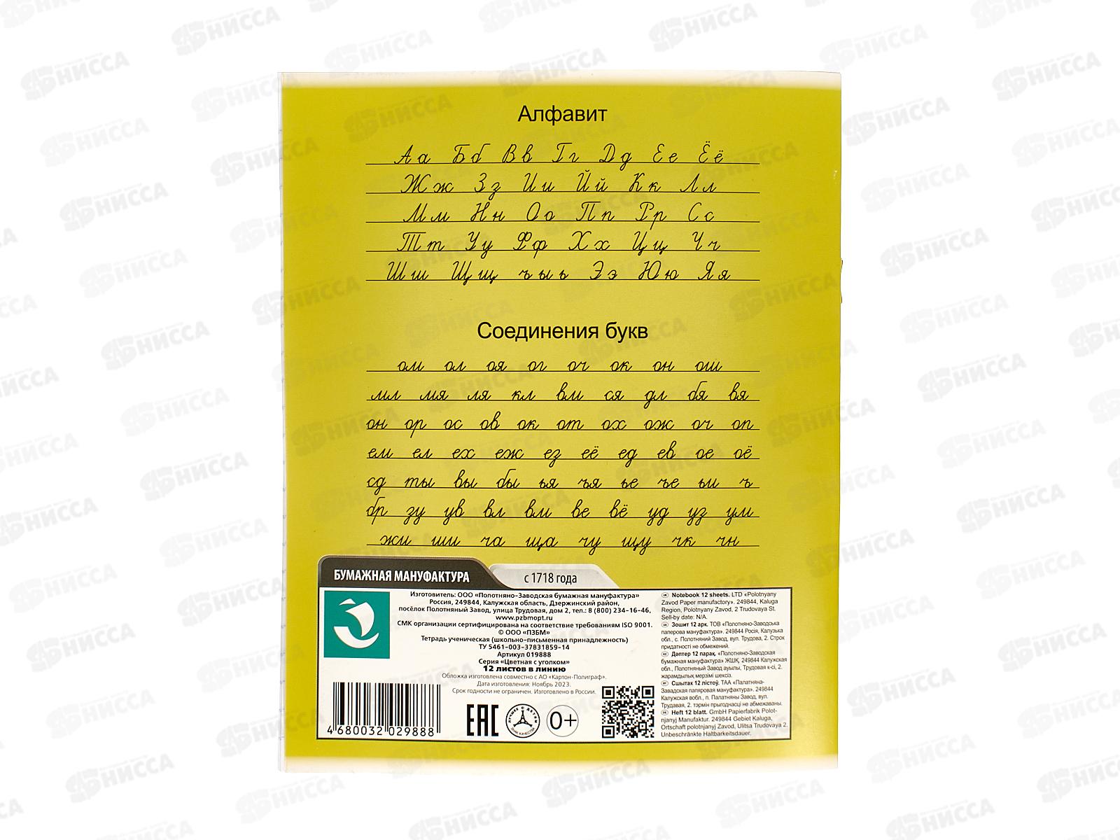 Тетрадь 12листов линия ПЗБМ Цветная с уголком,019888 *20/240