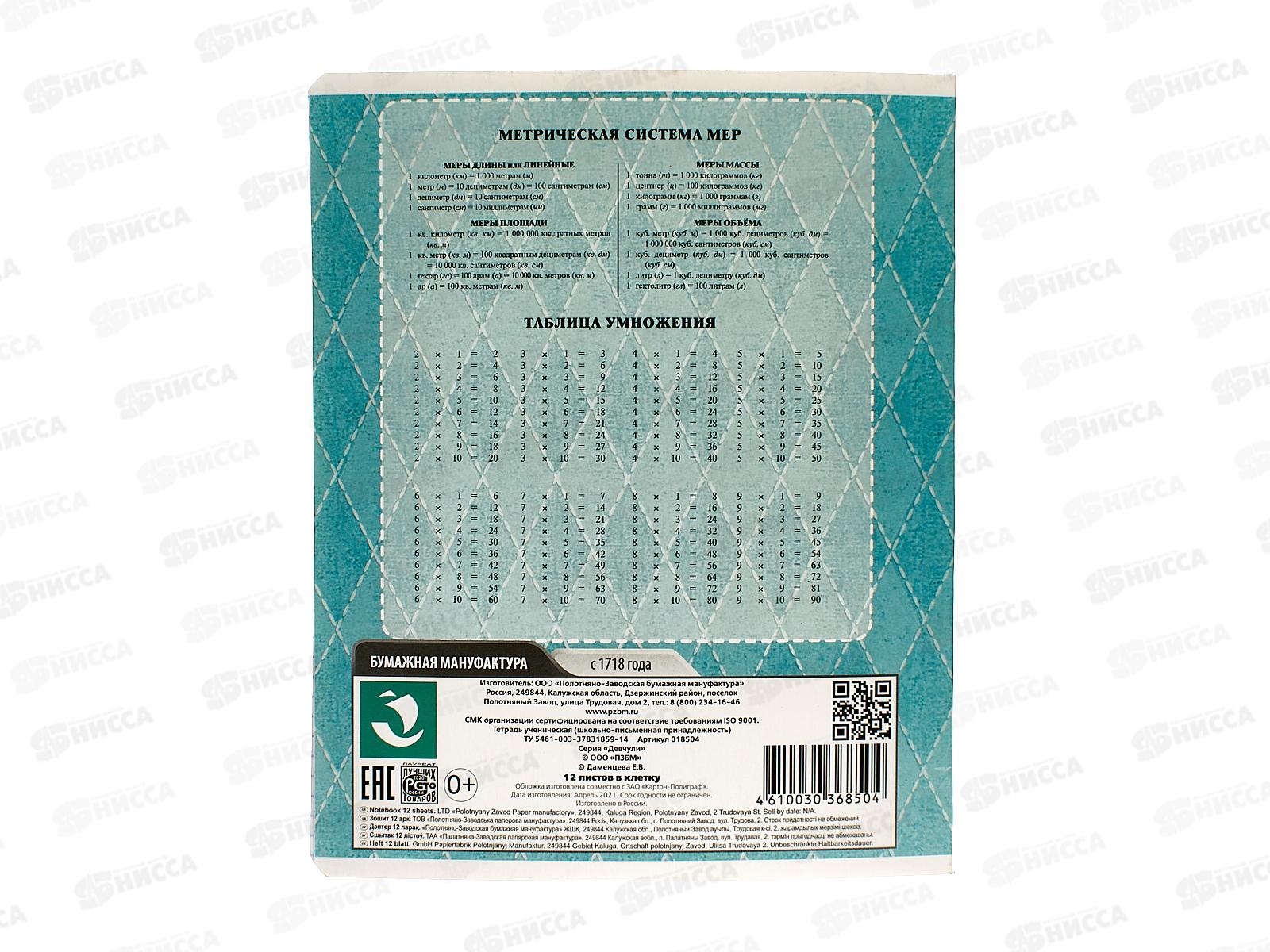 Тетрадь 12листов клетка ПЗБМ Девчули 018504 *20/120