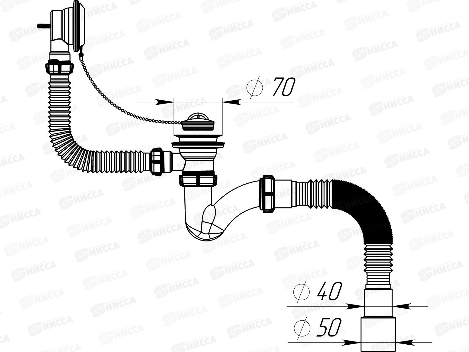 Сифон для ванны узкий прямоточный 1 1/2*40 с выпуском и переливом V154 *30