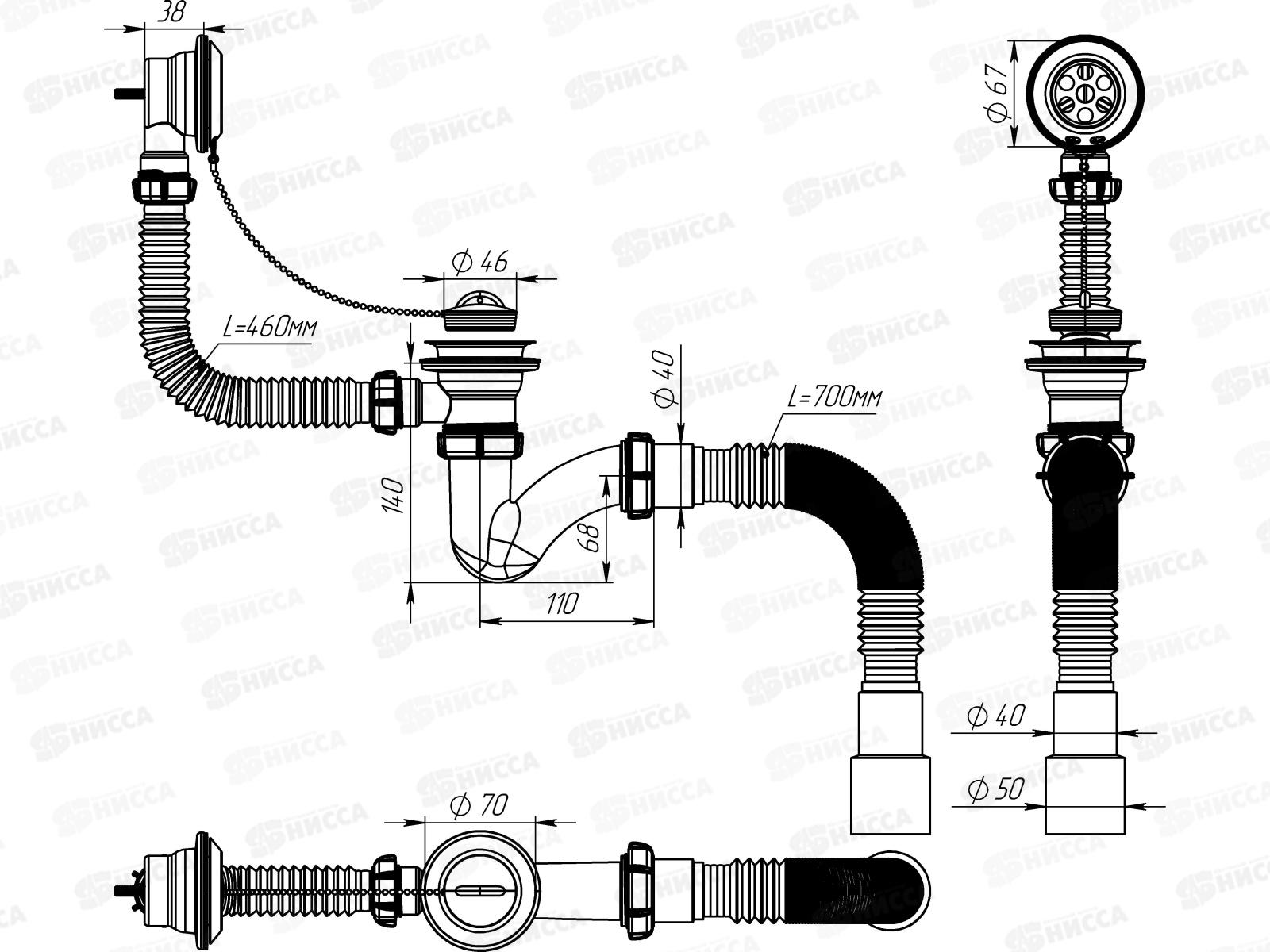 Сифон для ванны узкий прямоточный 1 1/2*40 с выпуском и переливом V154 *30