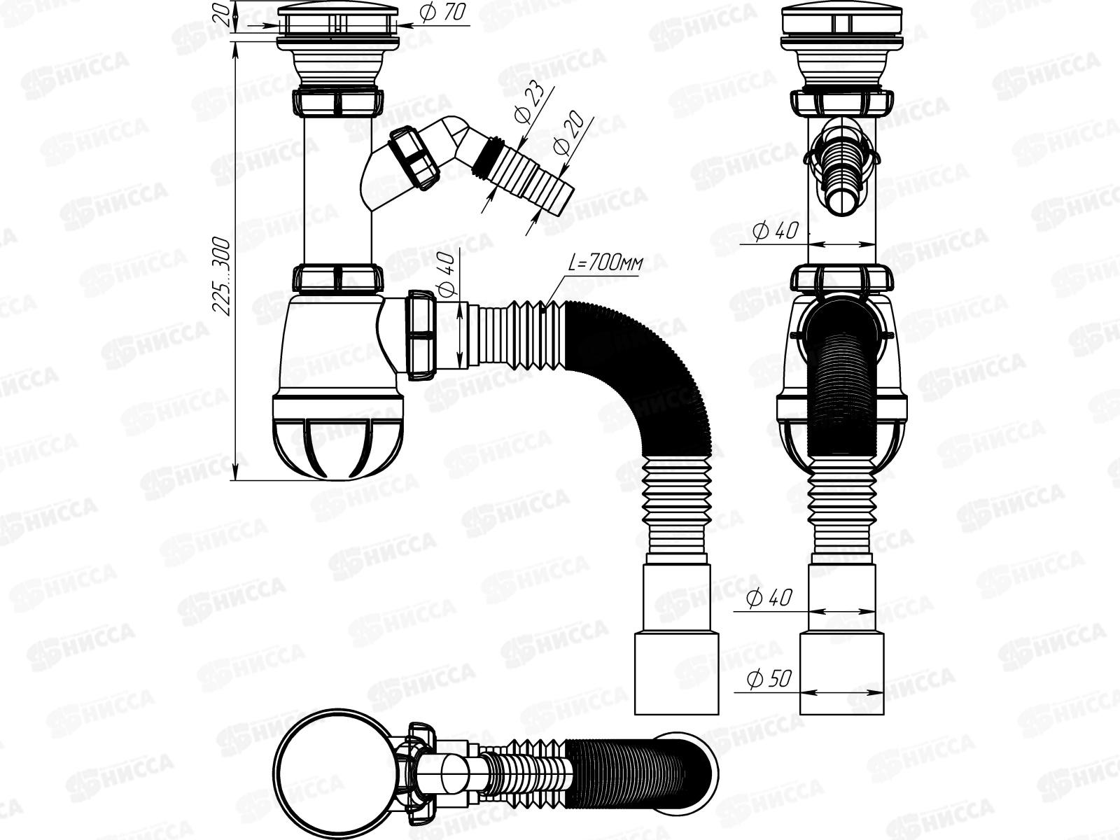 Сифон для кухни 1 1/2&quot х 40 с декоративной зеркальной крышкой на решетке B1026 *30