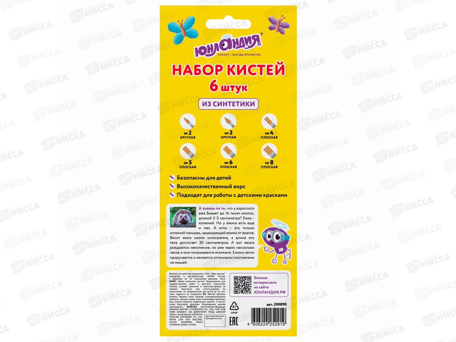 Кисти Юнландия набор 6шт(синтетика круглые №2,3 плоские №4,5,6,8) 200890