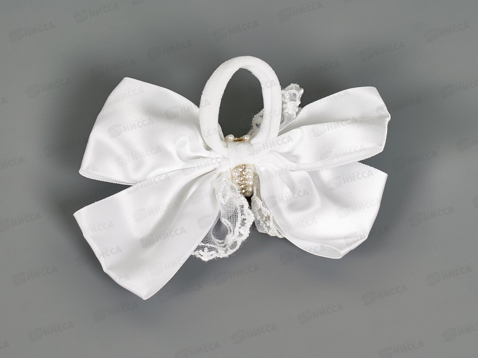 Бант шелк гипюр белый жемчуг стразы 13см №7880