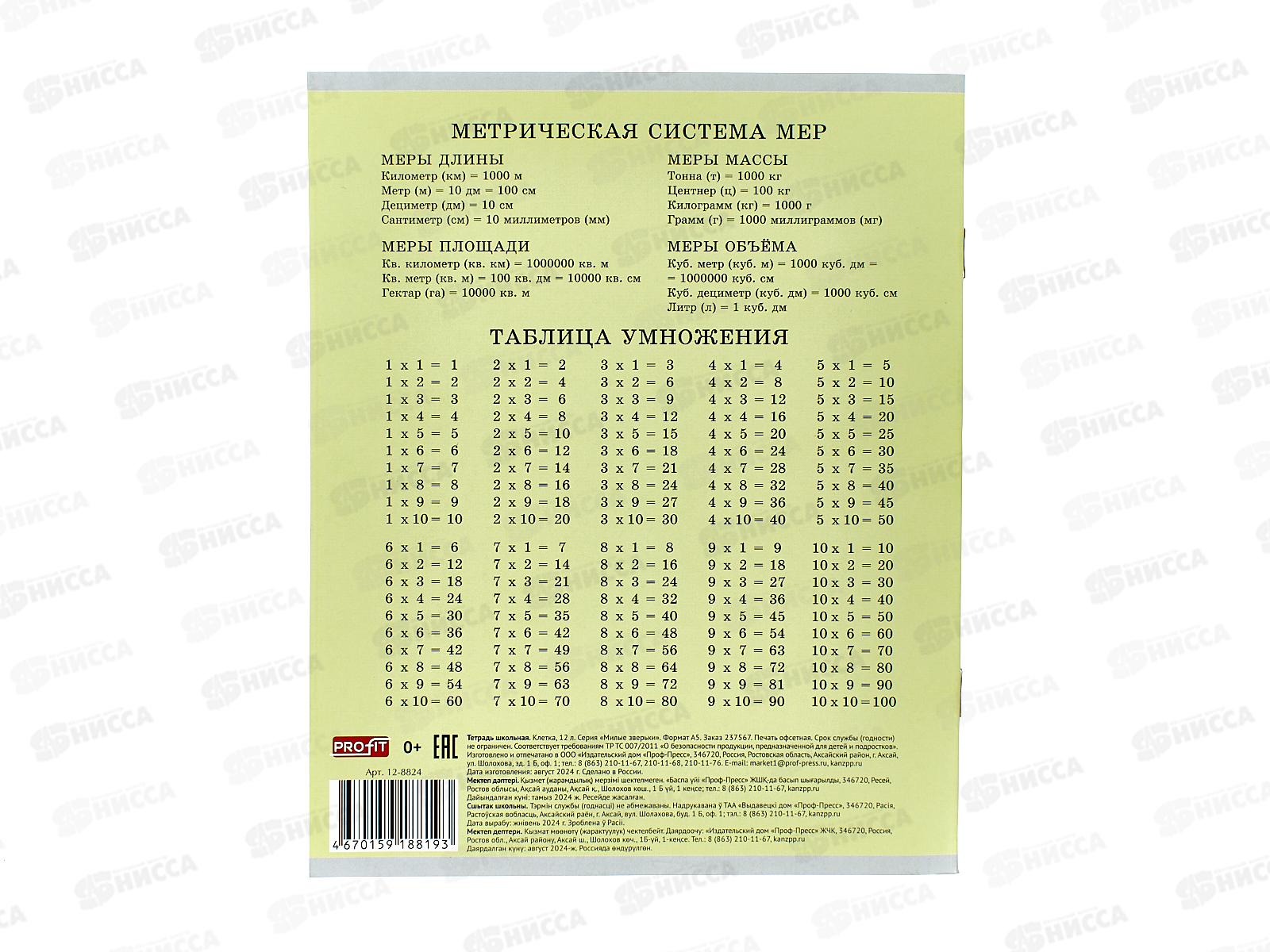 Тетрадь 12листов клетка Profit Милые зверьки, 5дизайнов, 12-8824 *20/240