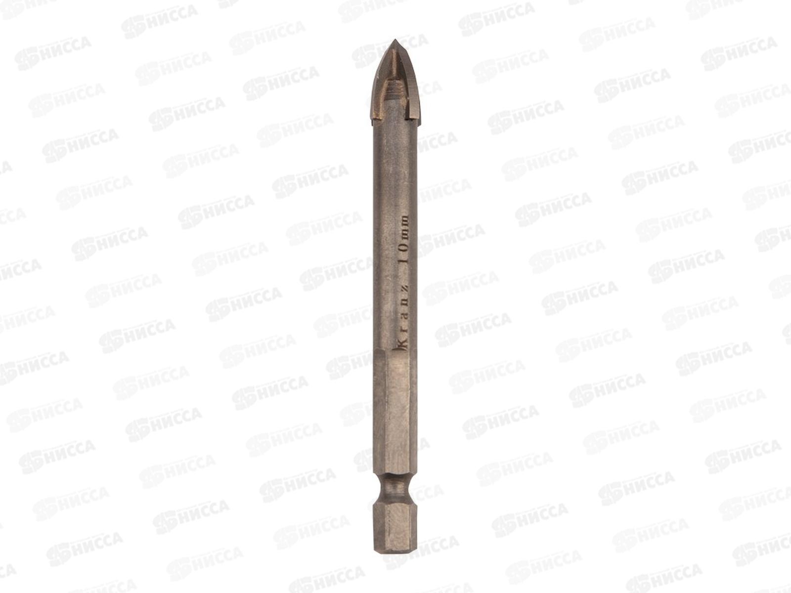 Сверло по стеклу и керамике 10мм, 4 грани, шестигранный хвостовик Kranz, KR-91-0651