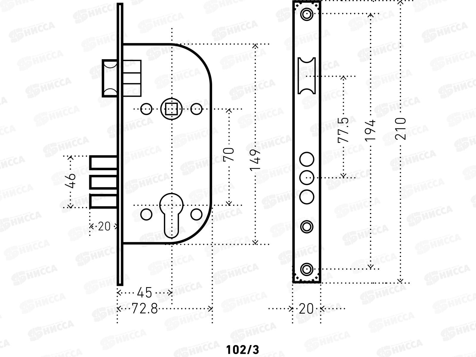 Замок врезной Аллюр 102/3 GР латунь с руч *12 787