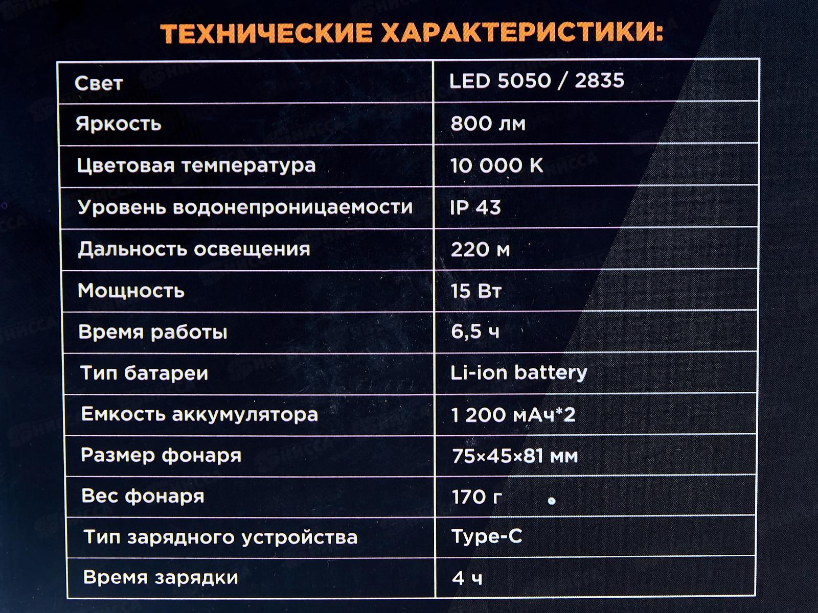 Фонарь налобный сенсорный 800ML. IP43. USB (N-FN-HL25) 355765