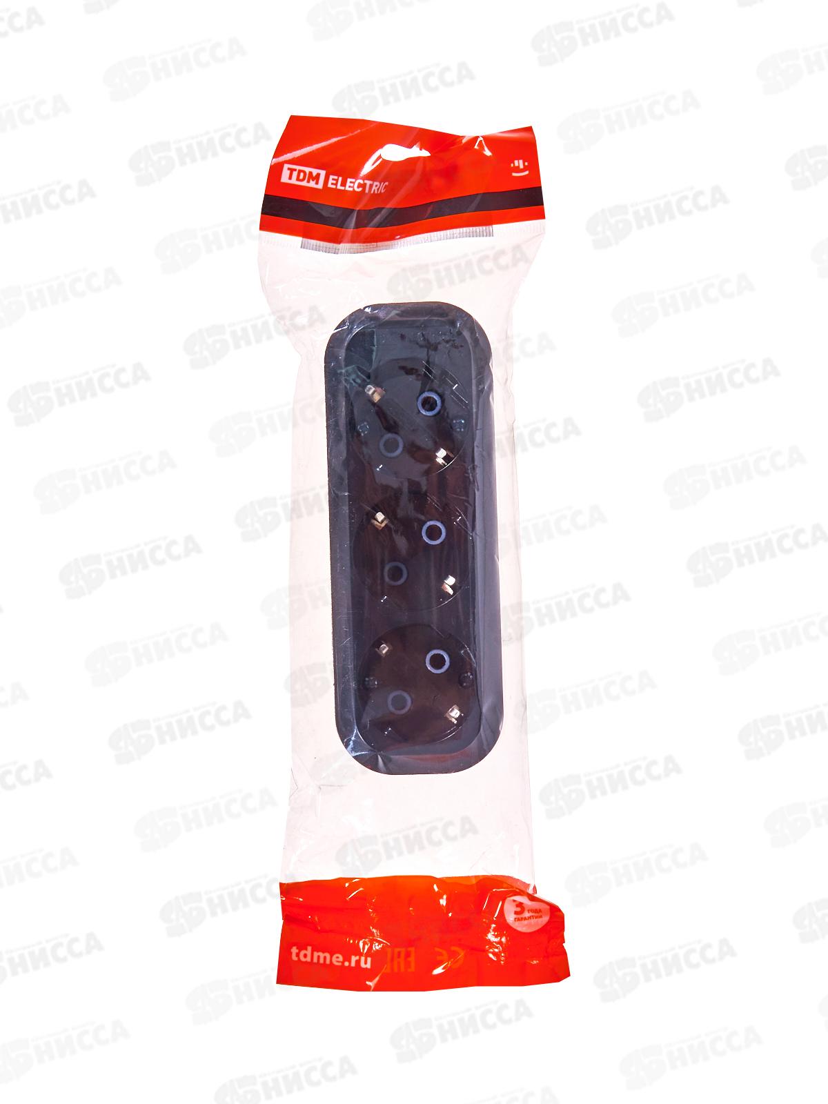 Колодка розетка TDM 3гнезда 2П+З с заземлением 16А 250В черная, 0113 *16/96