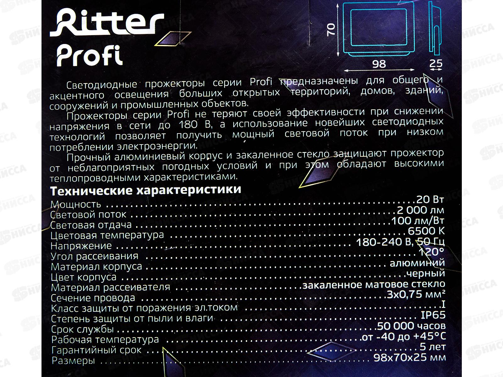 Прожектор светодиодный Ritter PROFI, 230В, 20Вт, 6500К, 2000Лм, IP65, черный, 53406