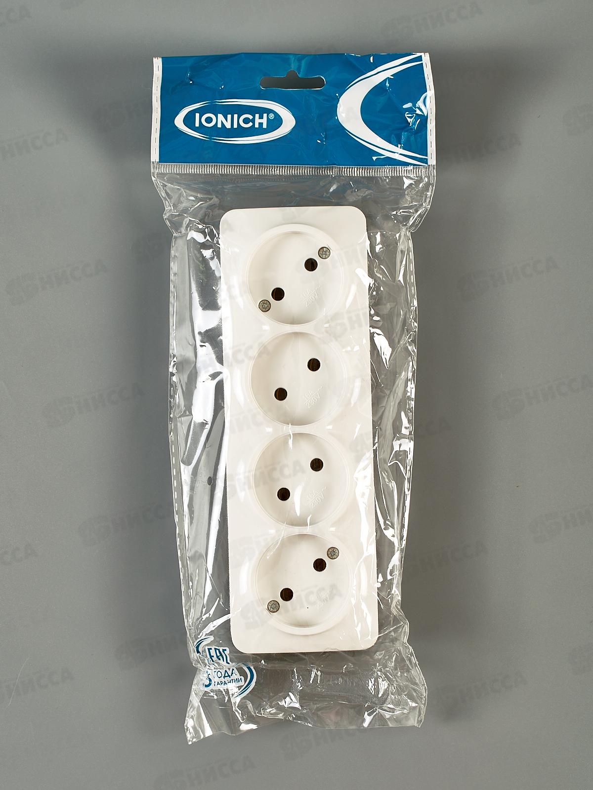Розетка IONICH 4-местная открытой установки, без заземления, 16А, 220В белая 1446*10