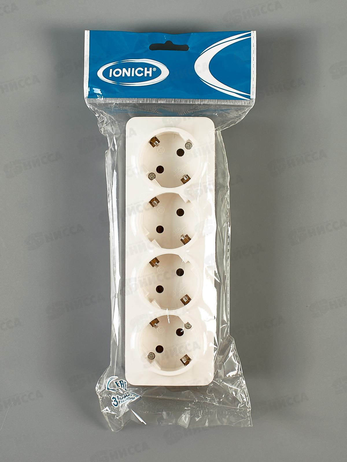 Розетка IONICH 4-местная открытой установки, с заземлением, 16А, 220В белая, керамика,1447*10