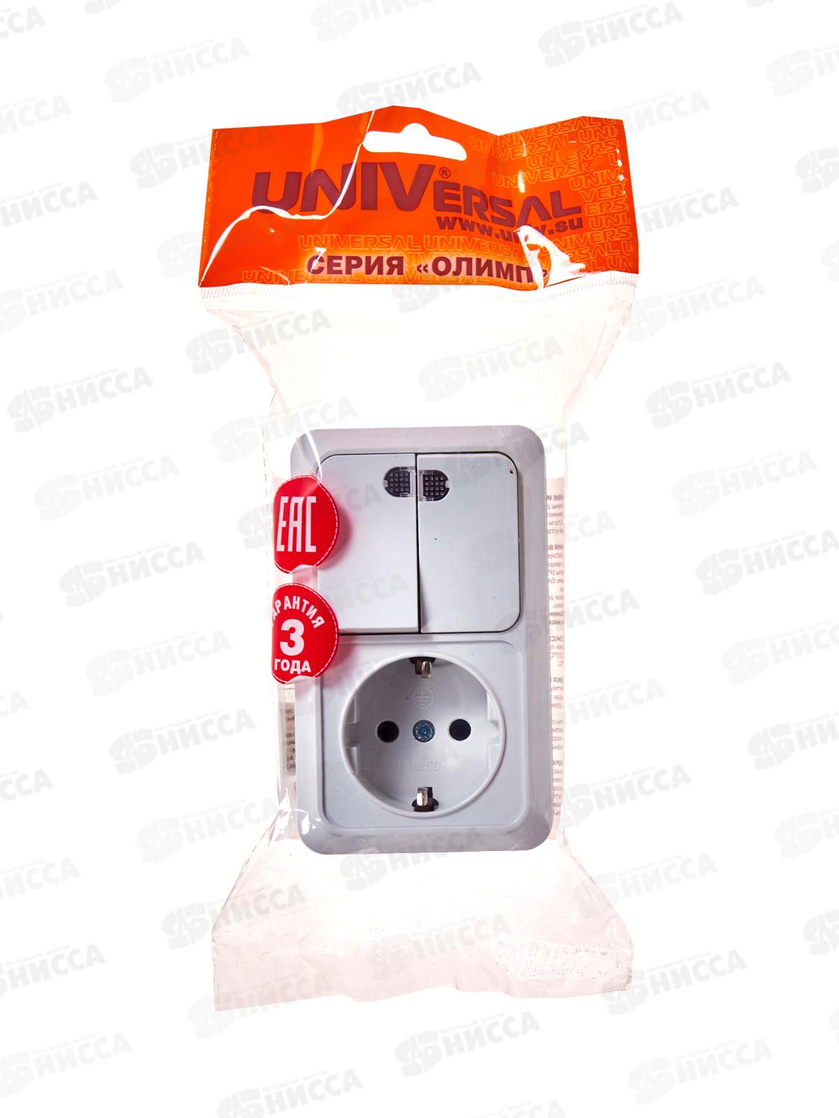 Блок вертикальный  ОЛИМП выкл. 2-кл, о/у, подсветка+ розетка 1-мес., с/з, О0041*10