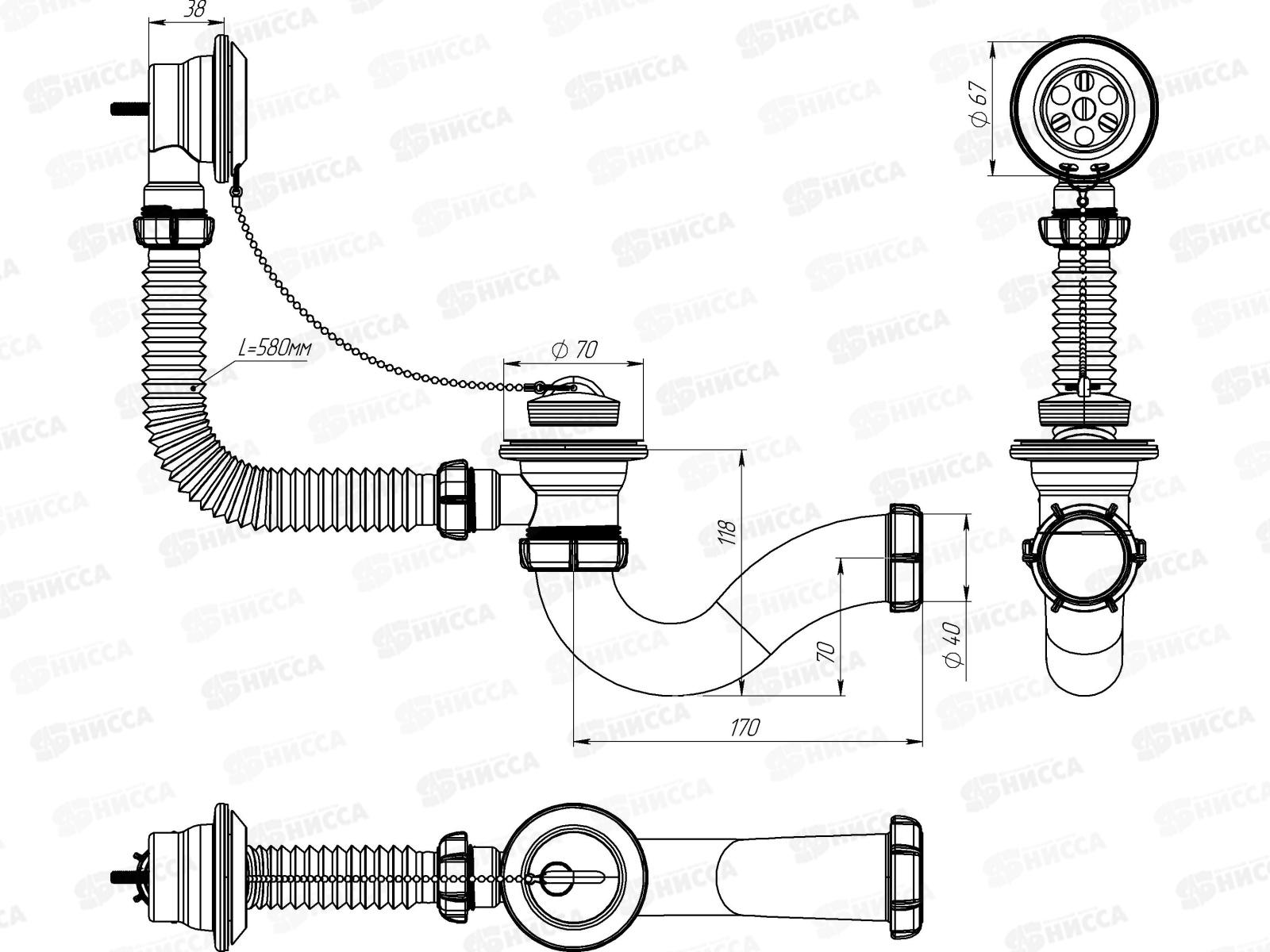 Сифон для ванны с выпуском и переливом с гт 40х40/50, V110 *45