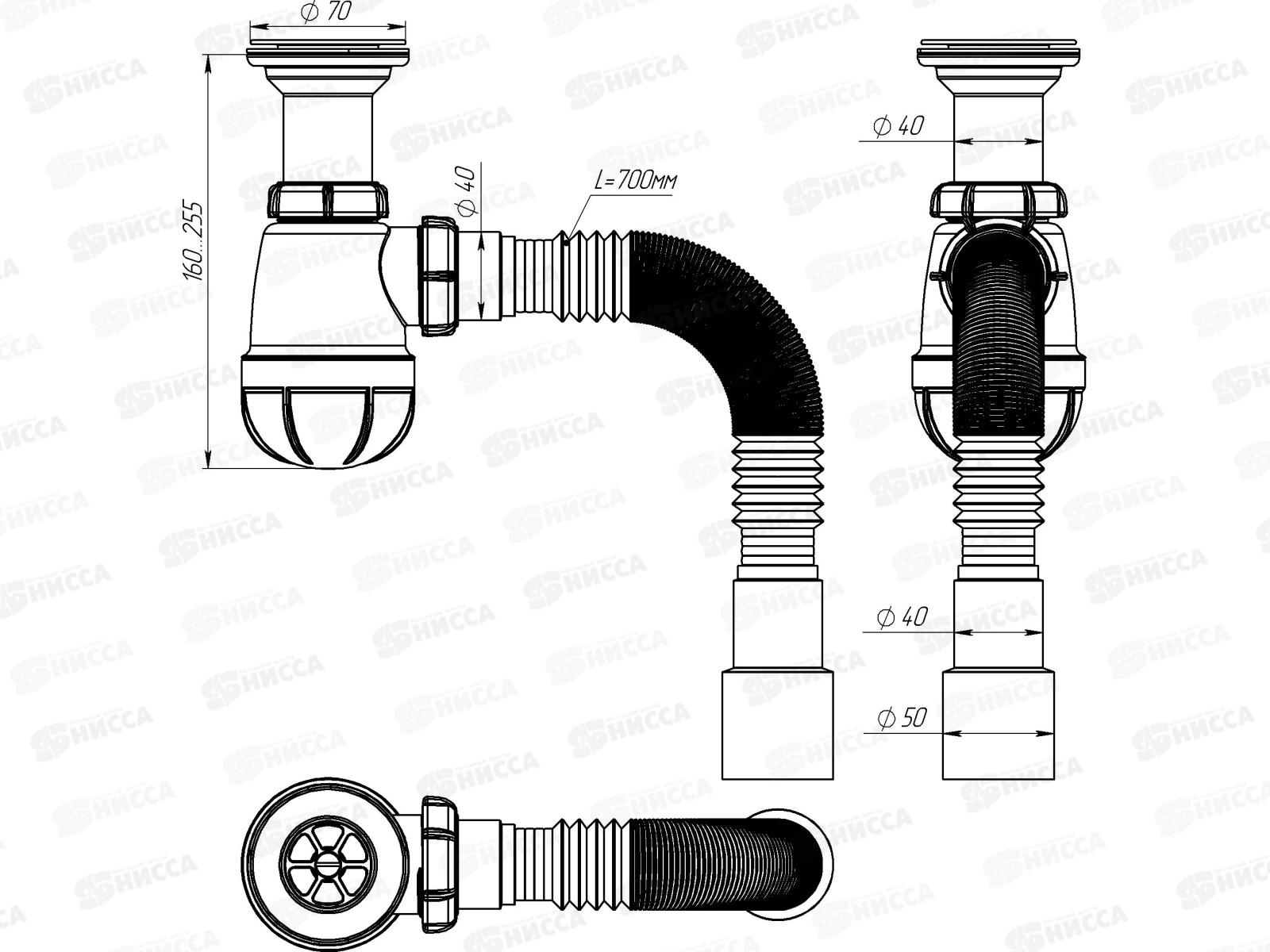 Сифон для кухни 1 1/2&quot х 40 удлин.горловина с гиб.трубой, PB0515 *30