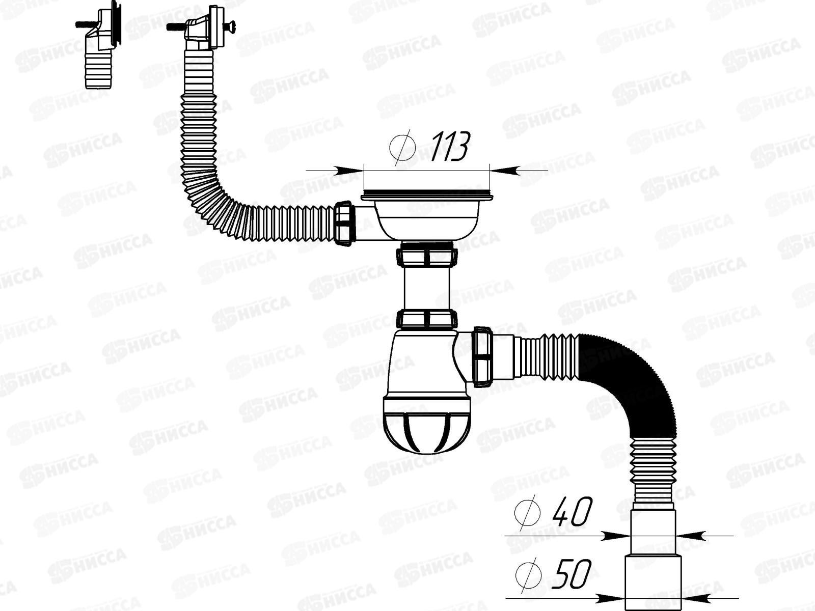 Сифон для мойки 3 1/2&quot х 40 с металлической решоткой, прямоуг/круг.перел., B0178 *20
