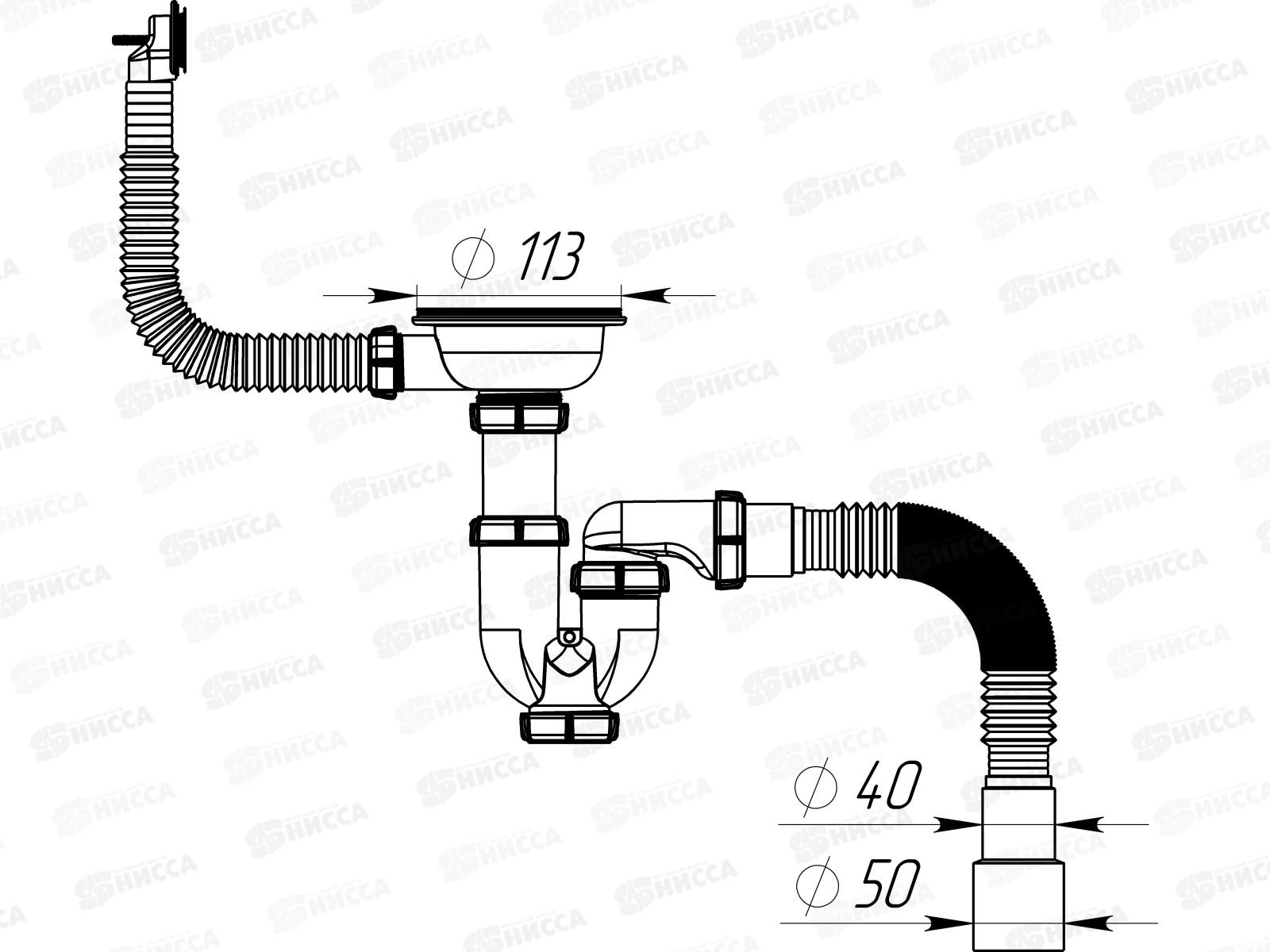 Сифон для мойки 3 1/2&quot х 40 с металлической решоткой, прямоуг/круг.перелив UB0139 *20