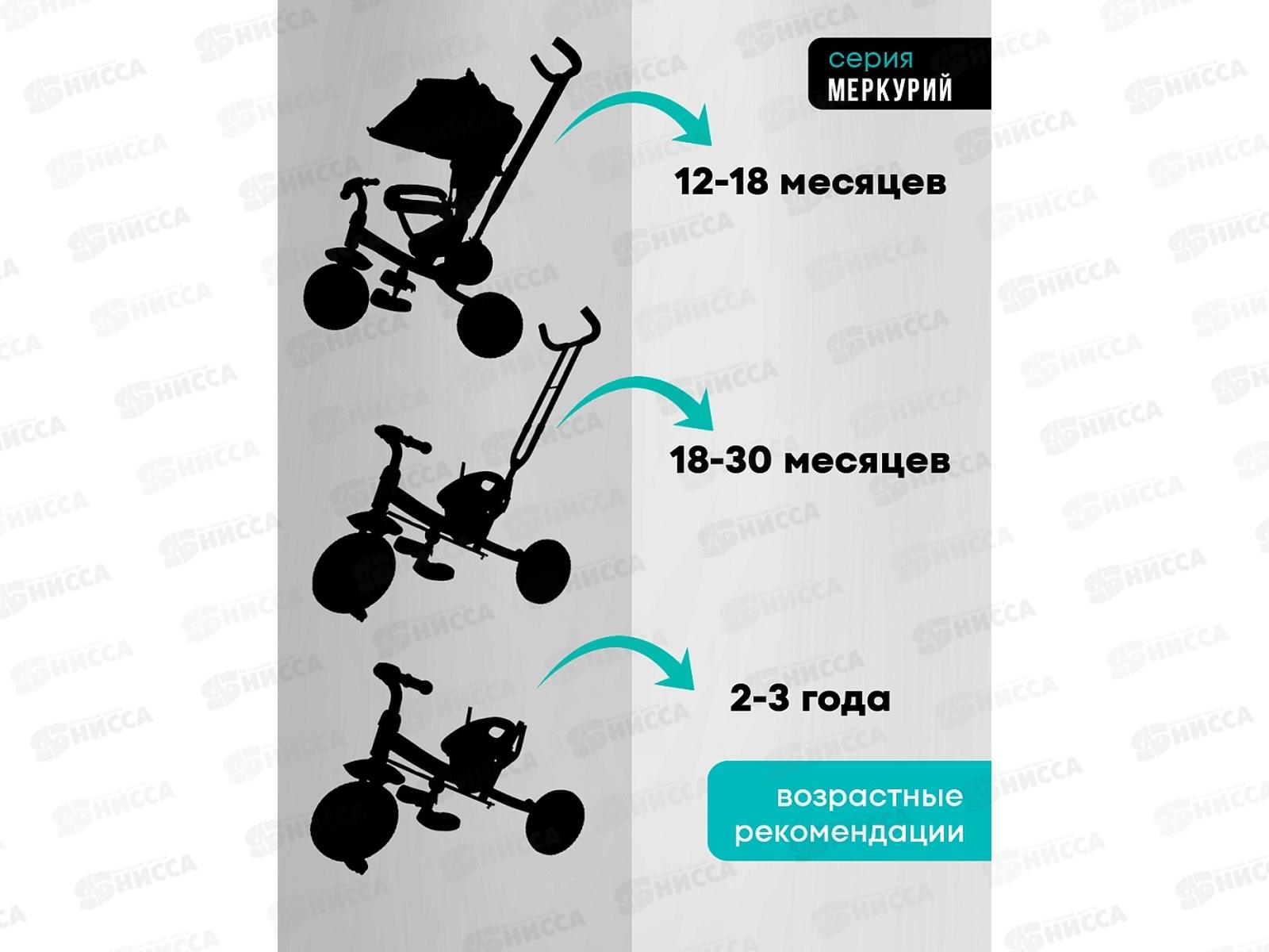 Велосипед трехколесный с ручкой МЕРКУРИЙ (колеса EVA 10&quot/8&quot) мятный, ВЛ-0866