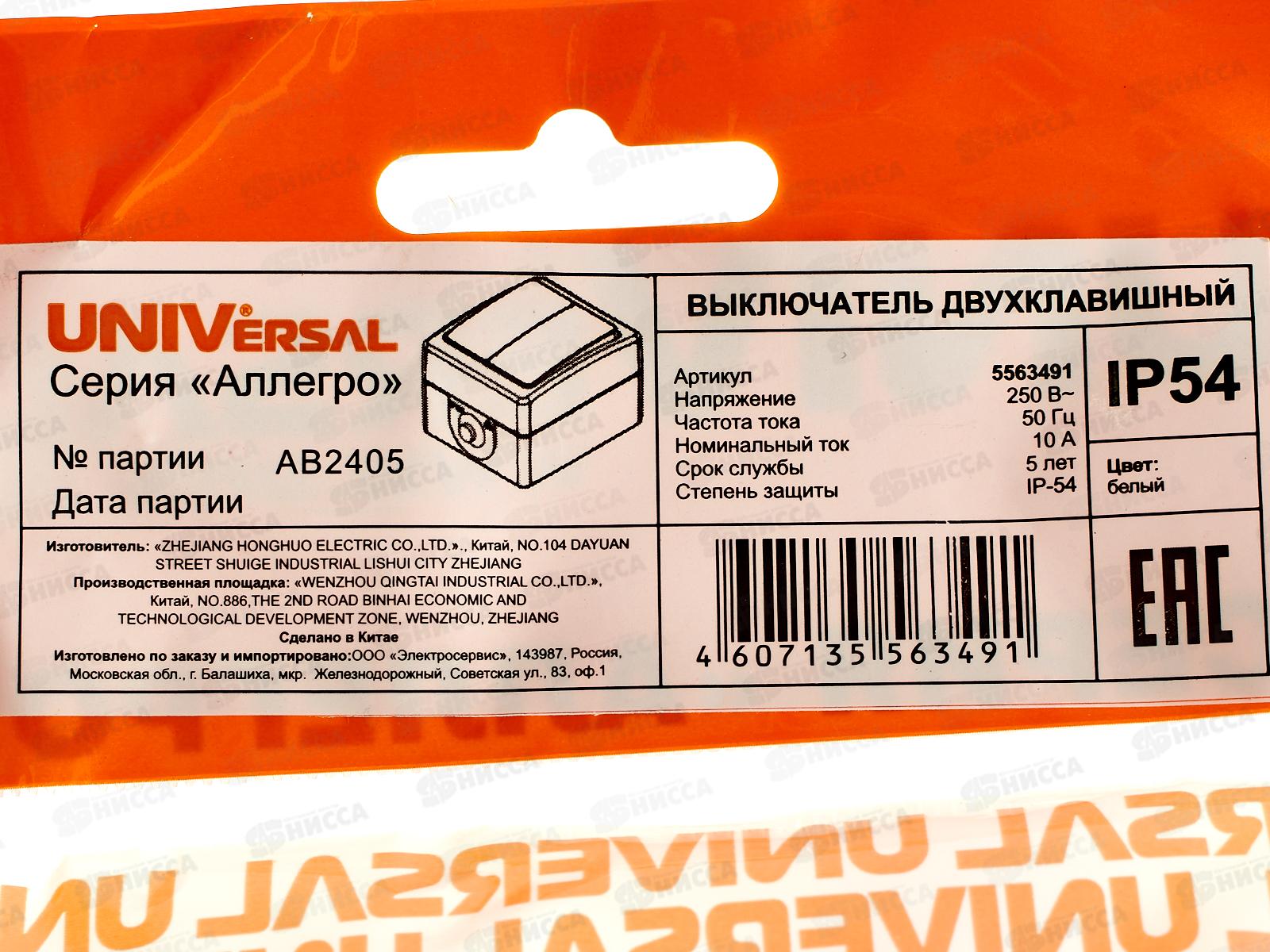Выключатель Аллегро 2-клавиши открытая установка, 10А, 220В белый 5563491*10