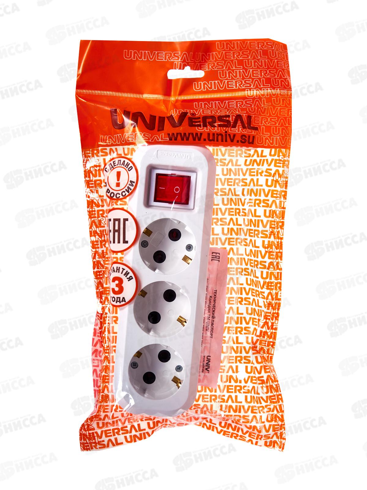 Колодка UNIVersal с заземлением 3 гнезда с выключ. АБС-пластик,S303