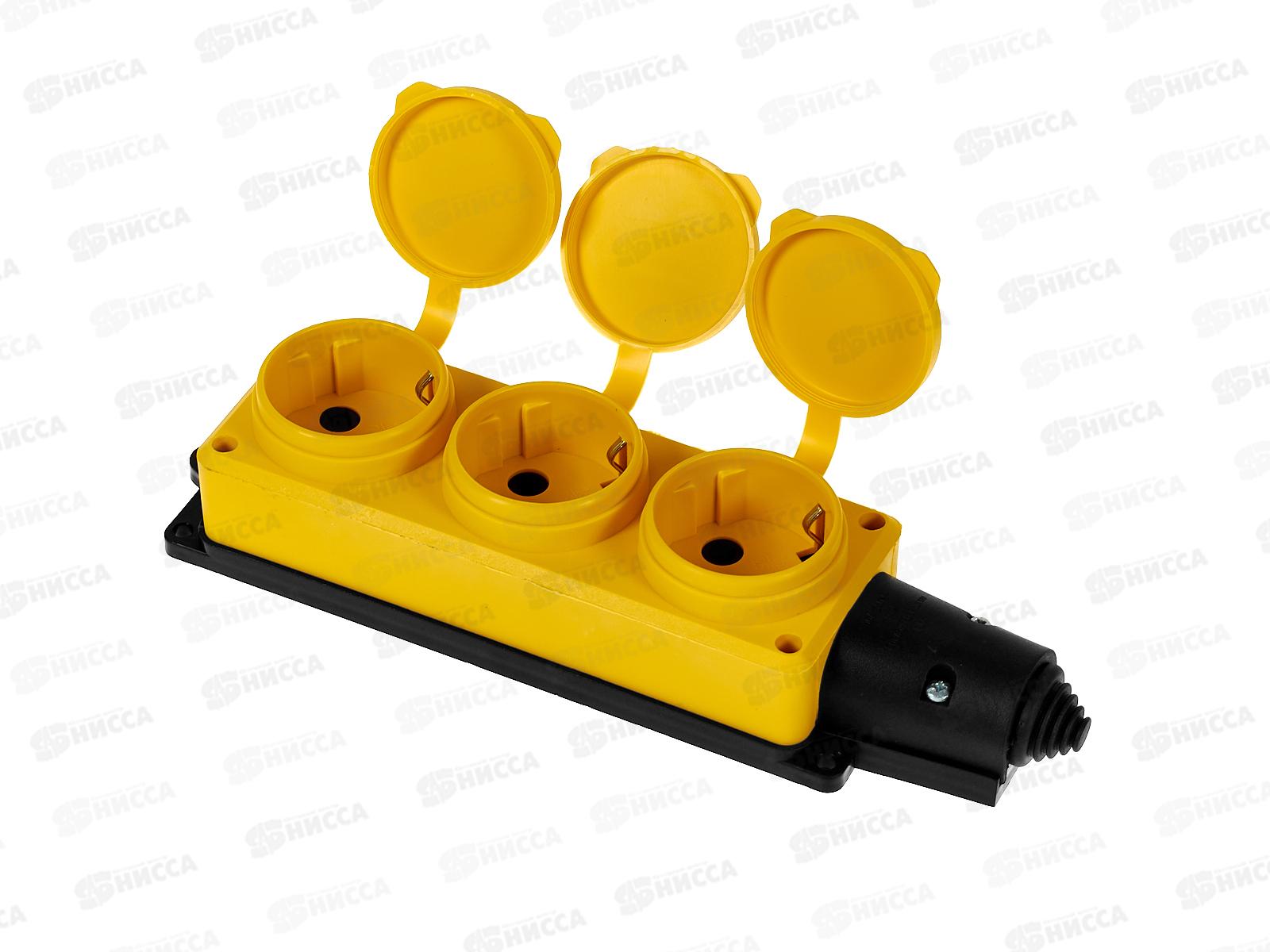 Колодка UNIVersal с заземлением 3 гнезда каучук, одноф. с заглуш., желтая, 3083
