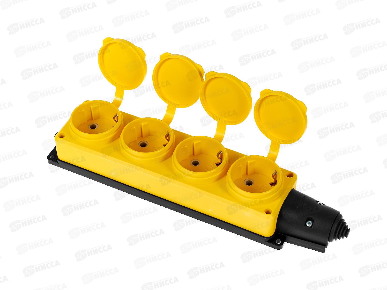 Колодка UNIVersal с заземлением 4 гнезда каучук, одноф. с заглуш., желтая, 3084