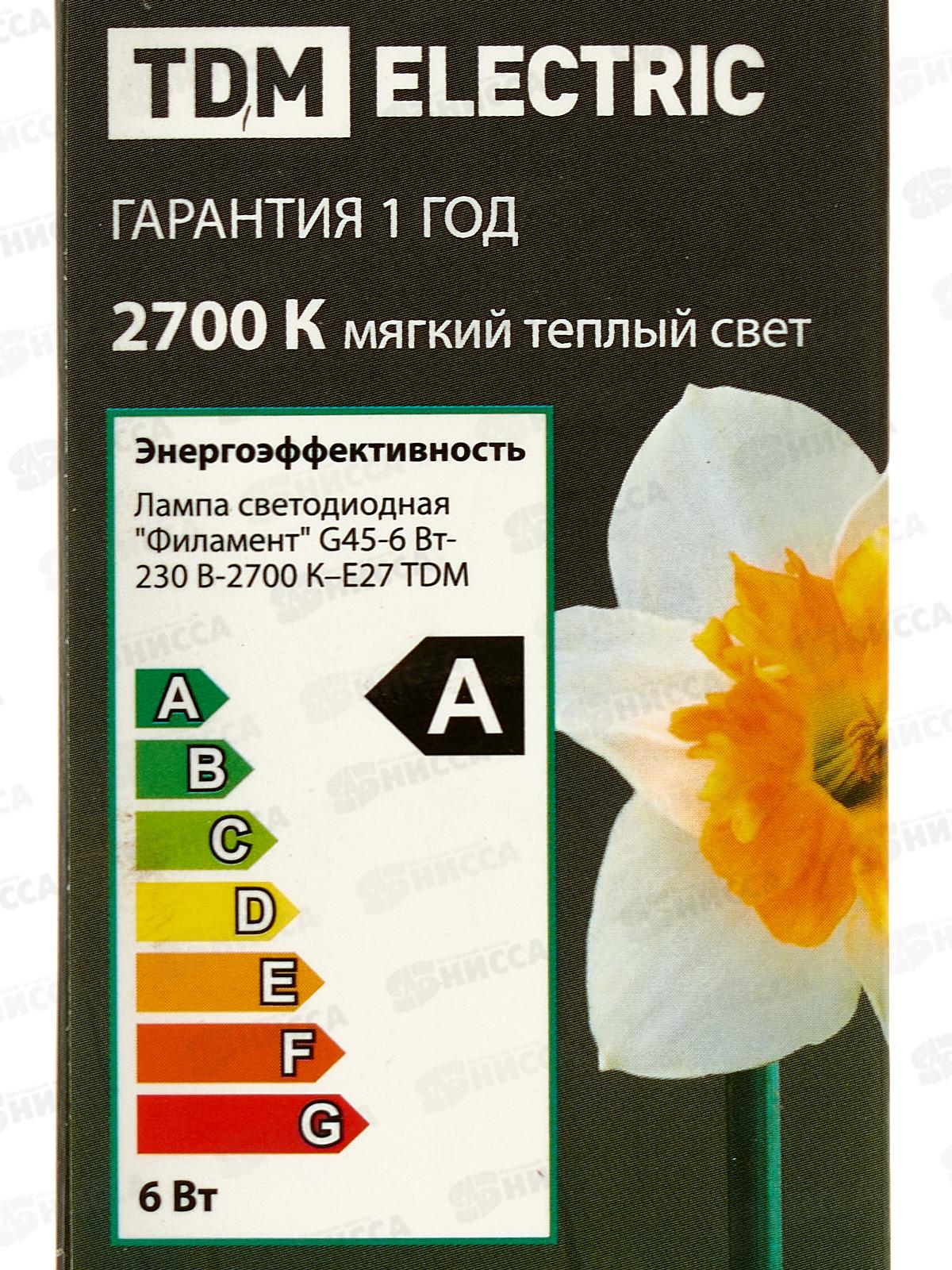 Лампа светодиодная TDM G45-6 Вт-230 В-2700 К–E27 Филамент TDM, 0279 *10/100