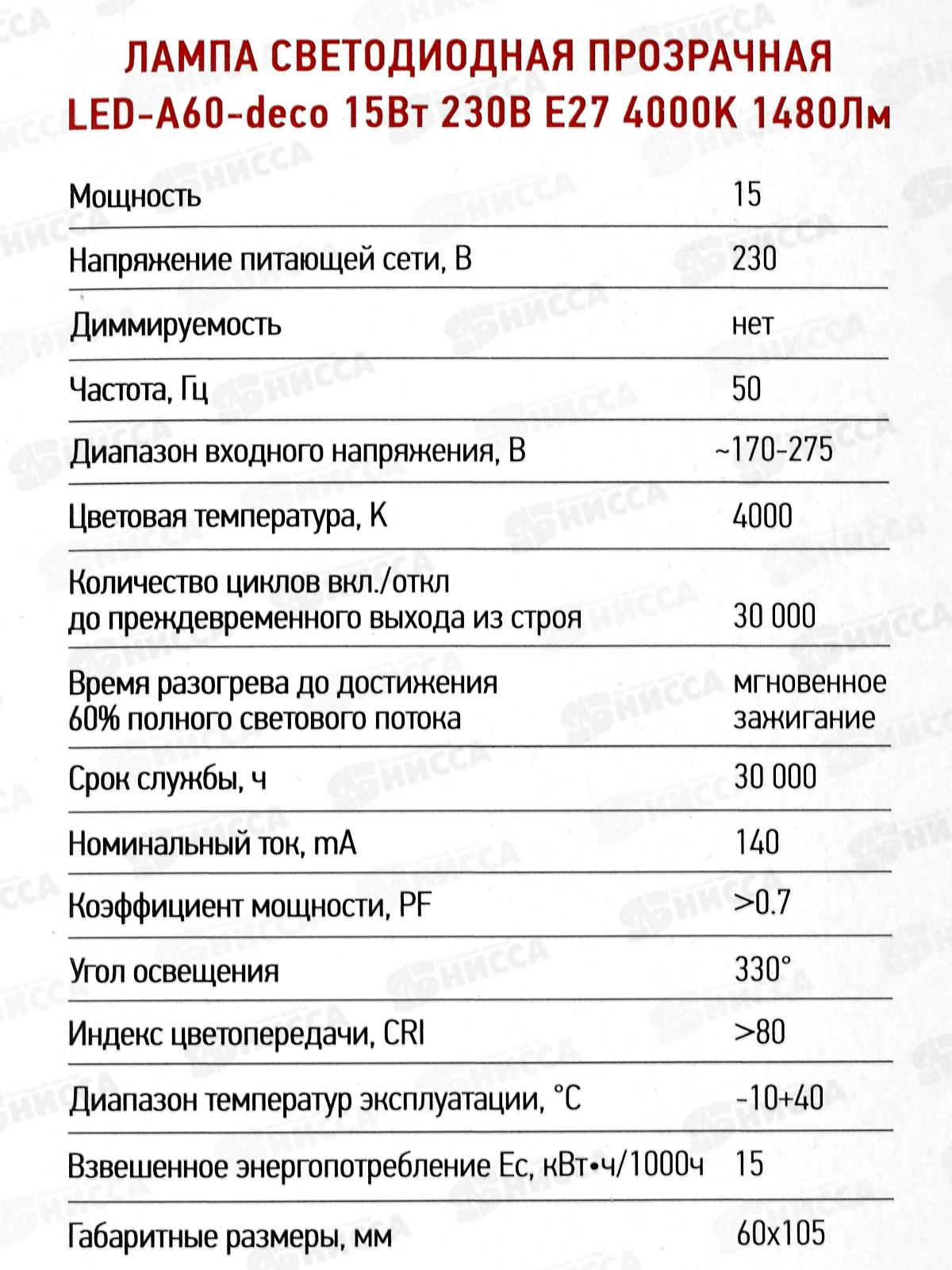 Лампа светодиодная IN HOME LED-A60-deco 15Вт E27 4000К 990Лм *50