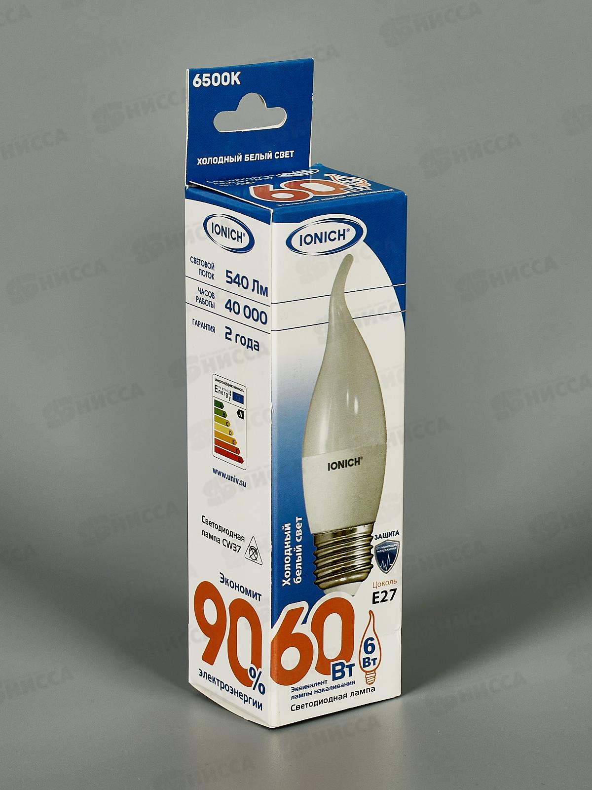 Лампа светодиодная IONICH E27 &quotсвеча на ветру&quot ILED-SMD2835-CW37-6Вт-540Лм-230В-6500К*1541