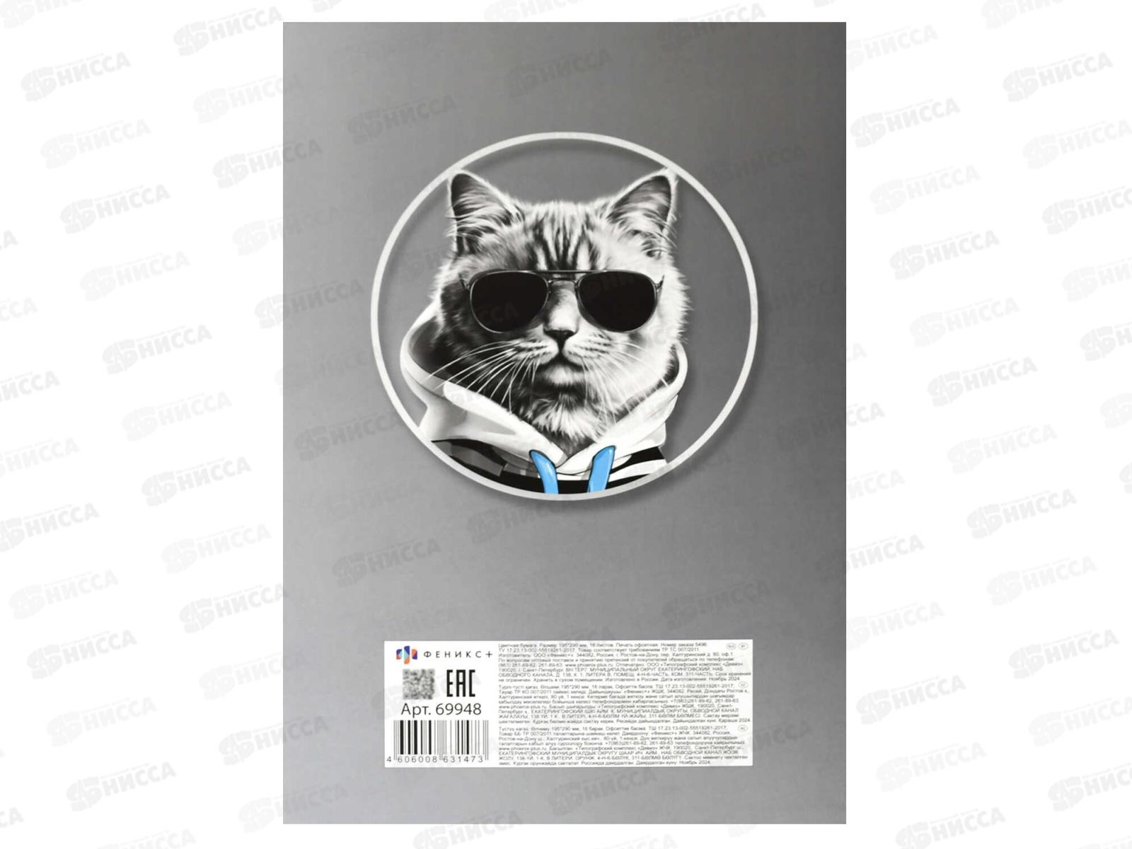 Цветная бум. 16л  8цв А4 ФЕН Кот в худи 69948  *50