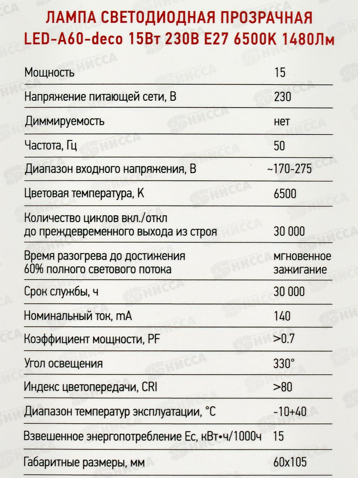 Лампа светодиод. IN HOME LED-A60-deco 15Вт E27 6500К 990Лм *50