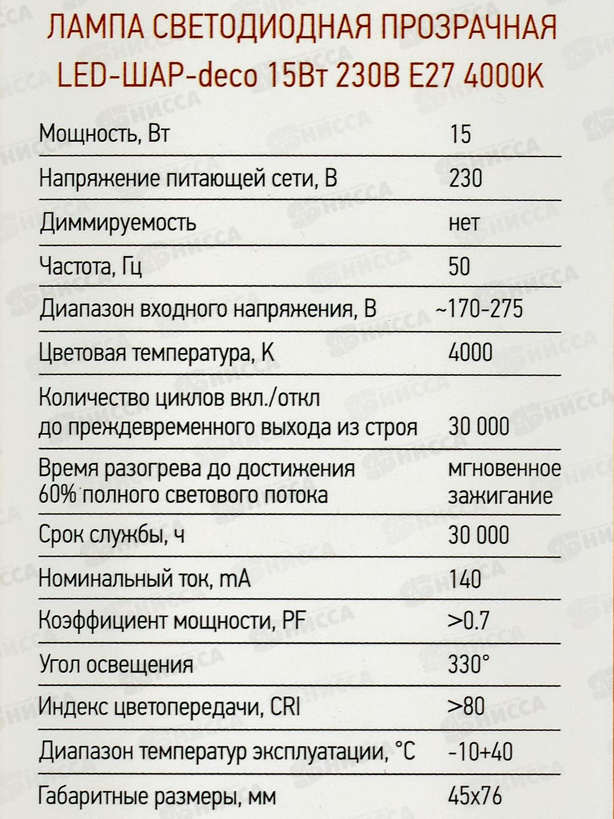 Лампа светодиодная IN HOME LED-ШАР-deco 15Вт E27 4000К 1435Лм прозрачная *50