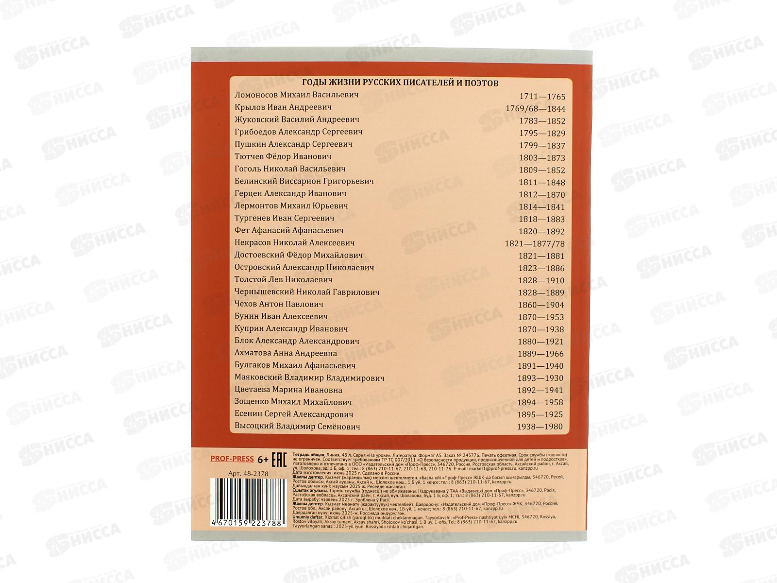 Тетрадь 48л линия ПП &quotНа уроке&quot Литература, 48-2378 софт-тач *10/80