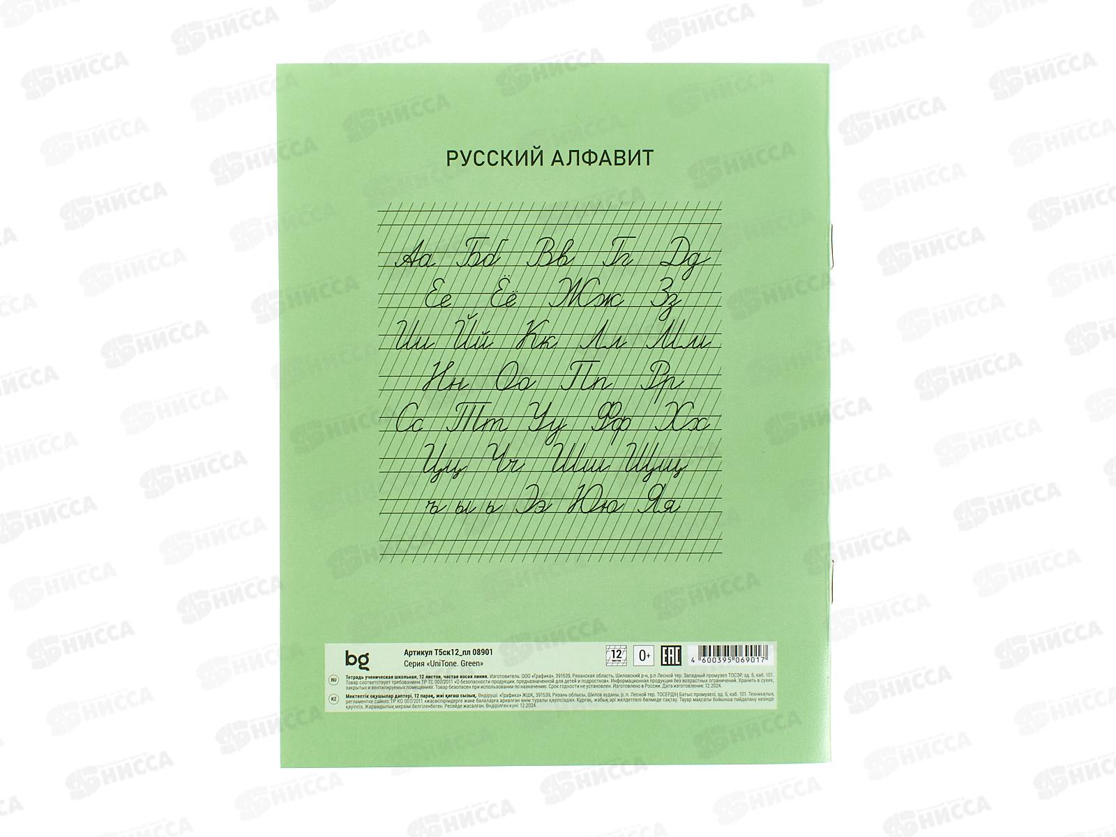 Тетрадь 12л частая кос.лин. BG UniTone Green пл. обл.прозрач.08901 *10/150