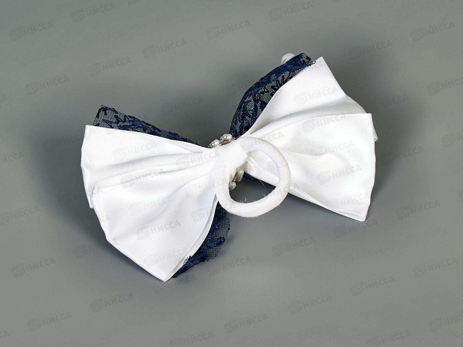 Бант гипюр, шелк бело-синий жемчуг стразы 14см №7887