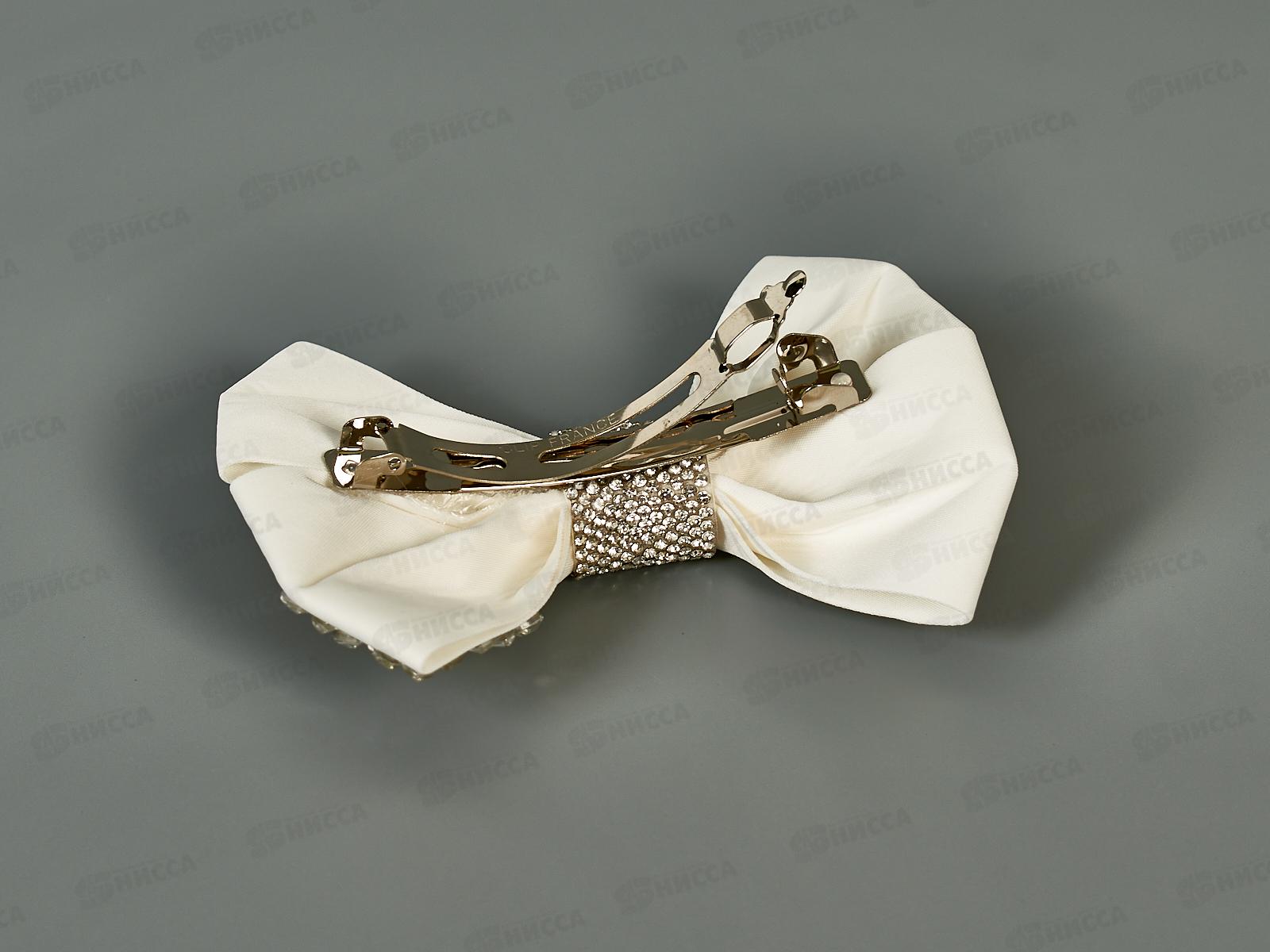 Заколка-автомат с бантом шелк крупн мелк стразы белая 12см №9307