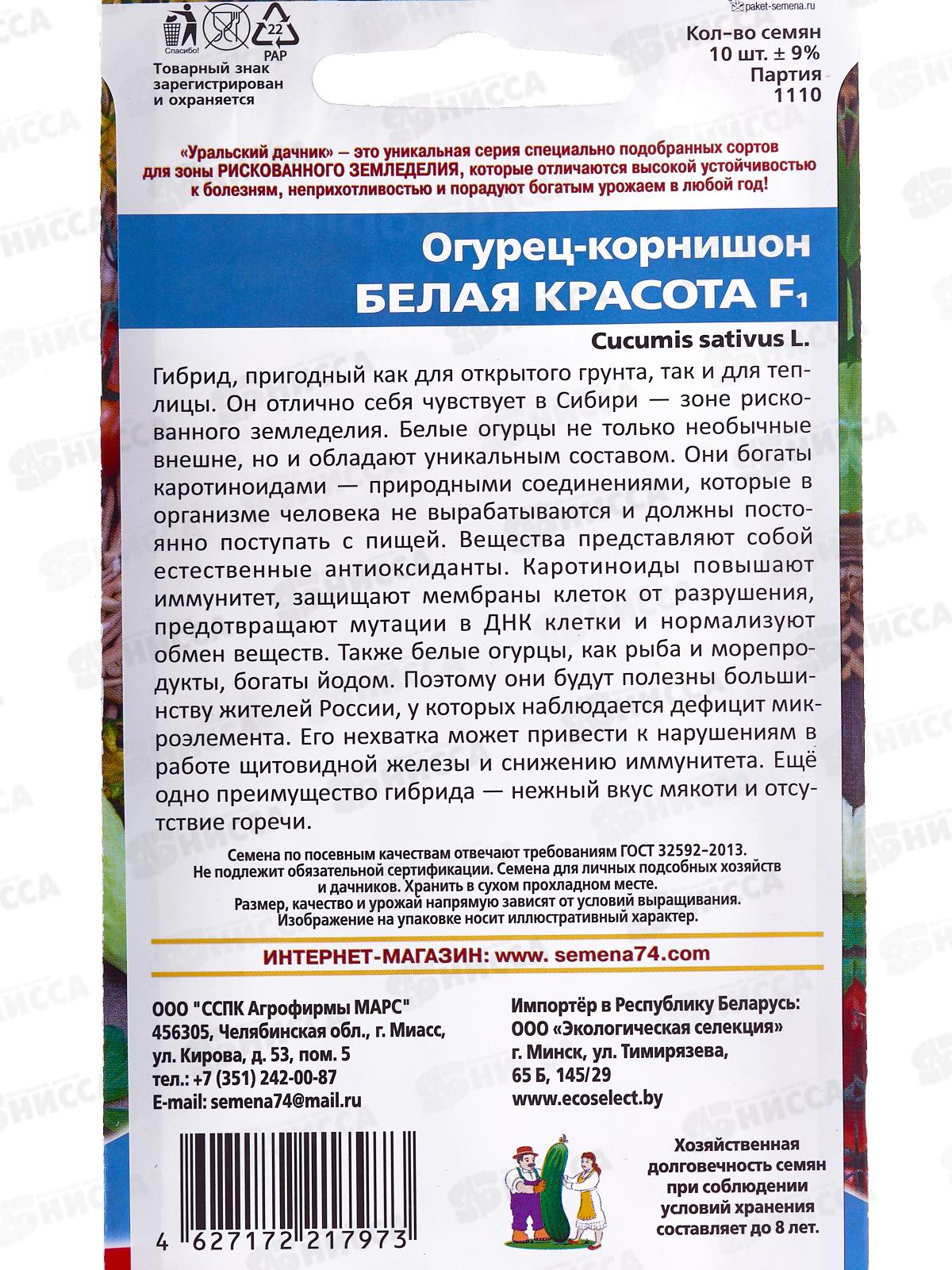 Огурец Белая красота F1 корнишон Евро *10 УрД +