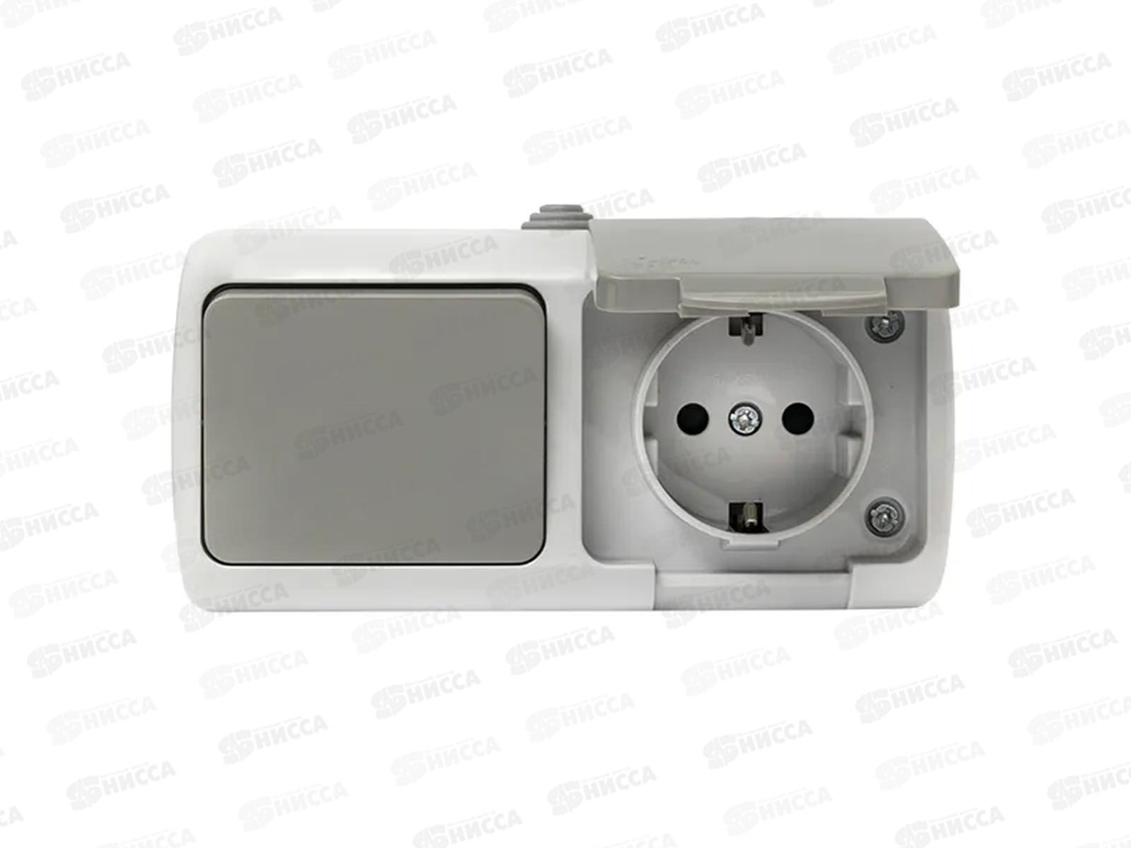 Блок EKF Мурманск розетка+выкл. 16А с заземлением с крышкой, IP54 серый